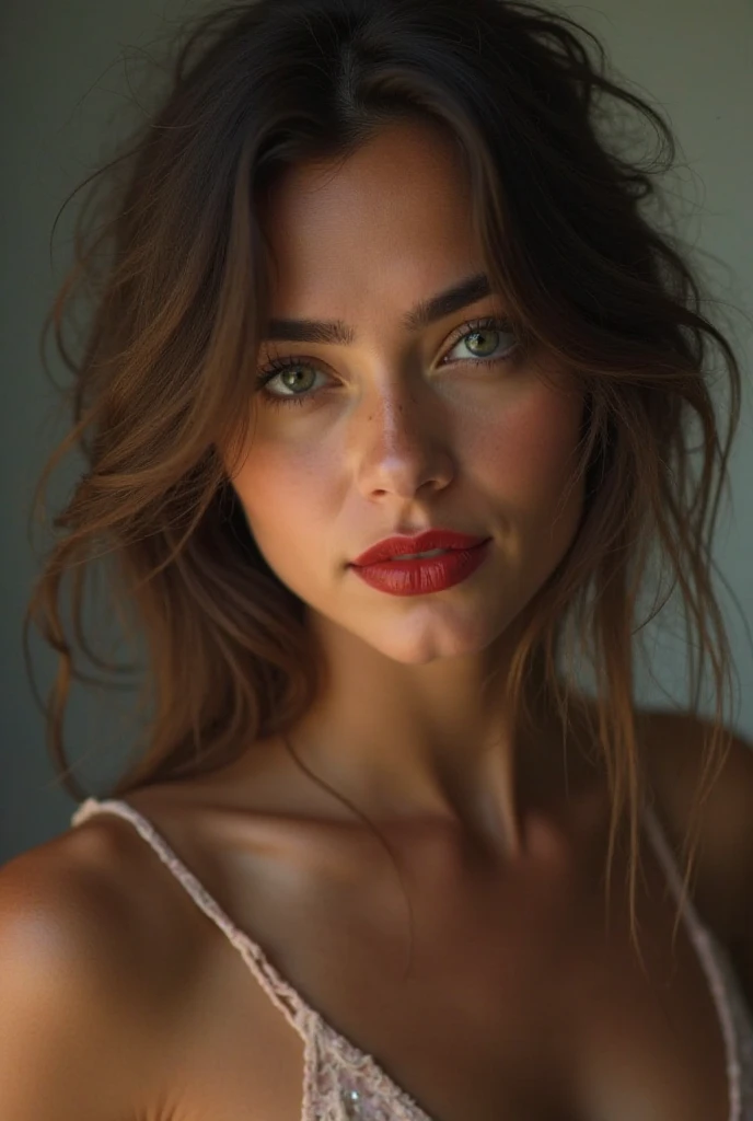 Full face portrait photo of 25 year old European girl, RAW, beautiful woman, semi-open strawberry lip, dimples, wistful expression, (brown hair with extra long wavy), ((detailed face)), ((detailed facial features)), (fine detailed skin), pale skin, cyberpunk megacity environment, (cool color), moist, damp, reflection, (masterpieceShot with Canon EOS R5 (detail) (Realistic photos) (Detailed details) 50mm lens, f/2.8, HDR, (8k) (wallpaper) (cinematic lighting) (dramatic lighting) (sharp focus) (complex), RAW photography, RAW photography, gigachad photography, camera pose, black jeans, back arm, 8k uhd, dslr, high quality, Grain Film, Fujifilm XT3, Film Stock Photo 4 Kodak Portra 400 Camera F1.6 Lens Rich colors Ultra-realistic textures Dramatic lighting Unreal Engine Art Station Trends Cinestill 800 Tungsten, Toughboy Style, Ultra Focus Face, Intimidating, Fighting Position, Short Messy Hair, Muscles, Bursting Veins, Beads, (( bright red lingerie set)),