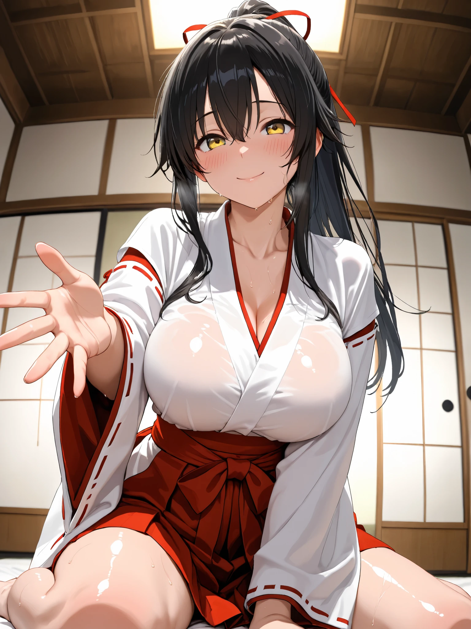 She is naked and being played with by a man, her breasts are big and her face is blushing. Japanese anime style pattern