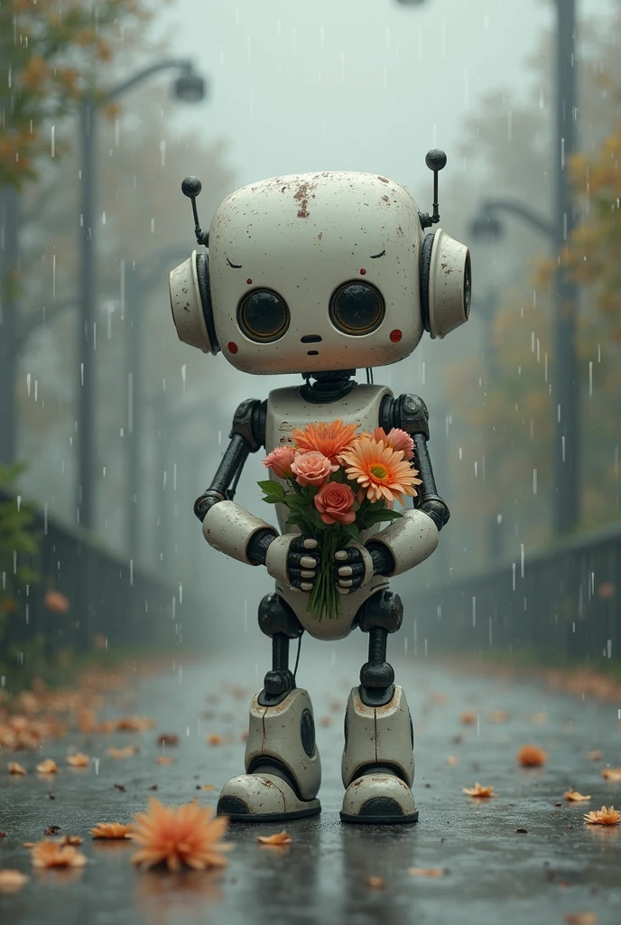 A sad robot holding flowers, apologizing. The robot has expressive eyes, a slouched posture, and is standing in a soft, emotional setting like a rainy street or a quiet park. The flowers are slightly drooping, and the robot looks genuinely remorseful