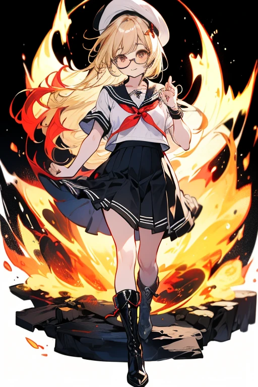 Photo of a woman shrouded in fire and smoke, standing fearlessly in a burning building, (flaming blonde hair:1.32), (ethereal quality:1.33), wearing a skirt, (hair blonde flying behind her:1.25), cleavage, stockings