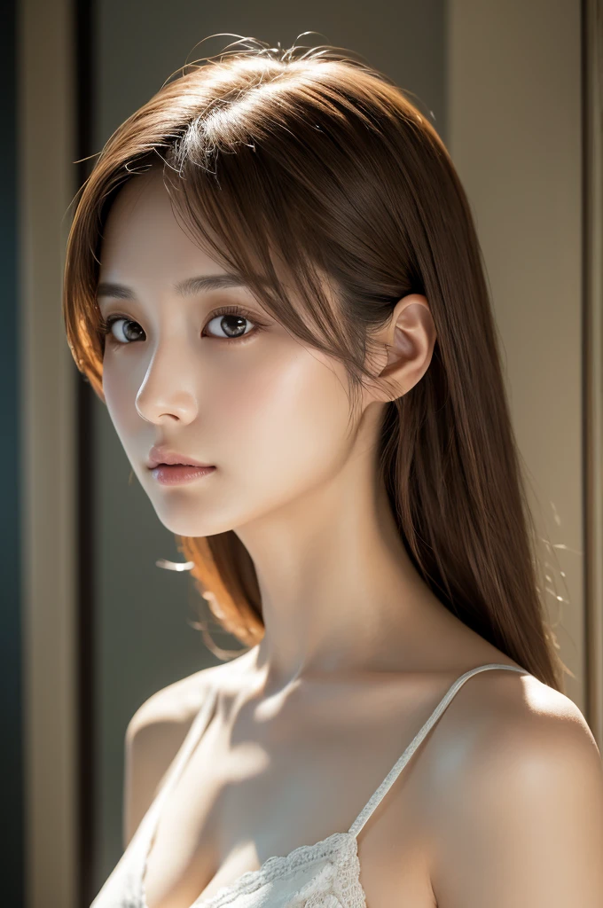 1 female, close up of face, medium chest, light brown hair, dull bangs, hair behind the ear, hair on shoulders, long hair, slender body shape, Ultra fine face, thin face, delicate lips, beautiful eyes, light blush, eyes are light brown, perfect shiny skin, perfect skin, Shining sweat,See here, extra thin hands, Super thin fingers, Optimal ratio of 4 fingers and 1 thumb, (realistic:1.3), finger Extensions, see-through white blouse. coniferous forest, One person's point of view, fuji film, f/1.2, 8k, table top, nffsw, Super detailed, high quality, 最high quality, High resolution,abs,6 Pack,