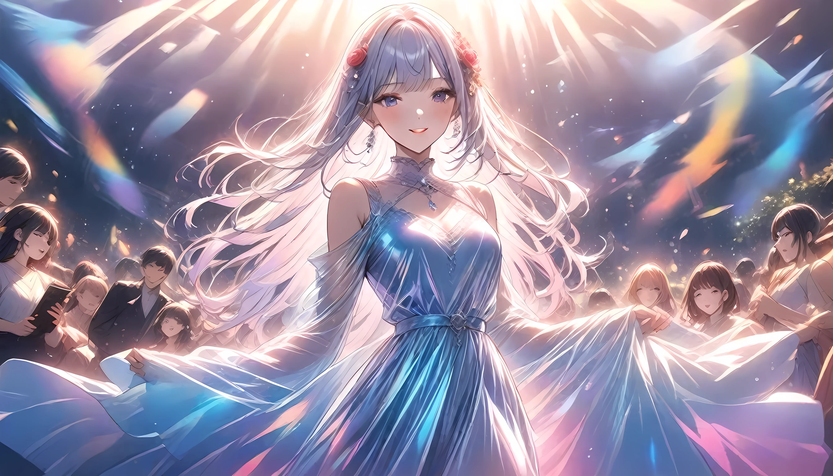 ( top quality,4K,8k, high definition , masterpiece :1.2),Slightly realistic anime style。
Japanese female singers around 23 years old singing in the background、long light blue dress。Women are light purple〜long silver hair、wearing a light blue long dress with a cute yet bewitching smile、A bright red rose flower is stylishly decorated on her chest。