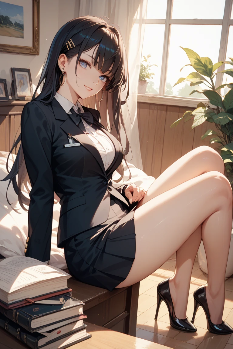 (1) One  is standing, Wearing a uniform of blazer and miniskirt, she wears loose socks on her feet.
(2) A high school girl lifts her skirt with both hands to expose her white lace panties..
(3) She has long brown hair.
(4) Her expression is seductive and lewd.
(5) The location is a love hotel room..