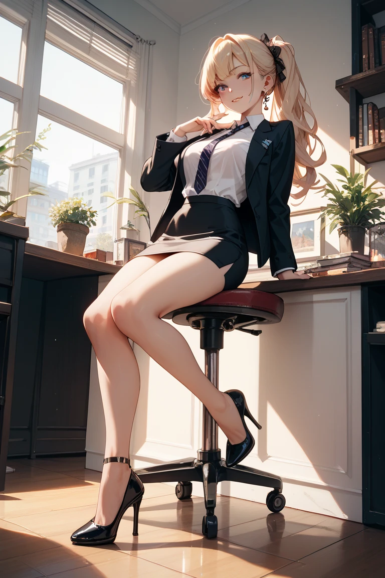 Best quality, full length portrait, (gentle face:1.1), (Beautiful face:1.1), a slim body, lady office uniform, (Fels, which envelops the thighs:1.1),Office clothing, black tights, high heels, Sitting position,langes blondees Haar,blondee locken, blonde, amazing,smile,long legs