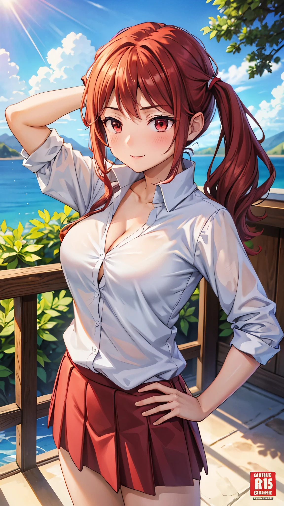 ((4K, master piece, Best Quality)), 1girl in, Light brown SHRT hair, Red Eyes, center parted hair, medium breasts, Cute, blush, Swimsuit, Summer,Beautiful and perfect legs, Clean and perfect hands
