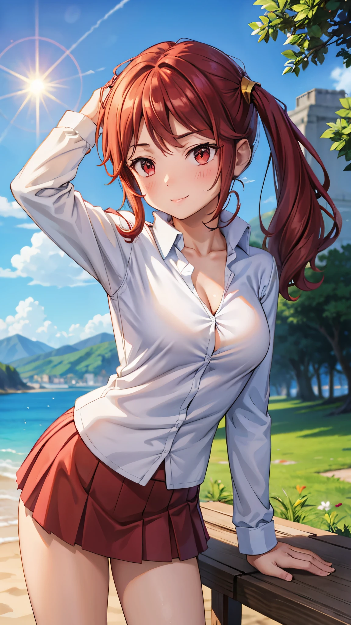 (Masterpiece, Best Quality:1.2), Cowboy shot, 独奏, 1girl, Neapolitan, Smile, closed mouth, looking a viewer, Heterochromia, Brown eyes, pink eyes, Average Breasts, leotard, pants, wide thighs, belt, big butt, Erotica
