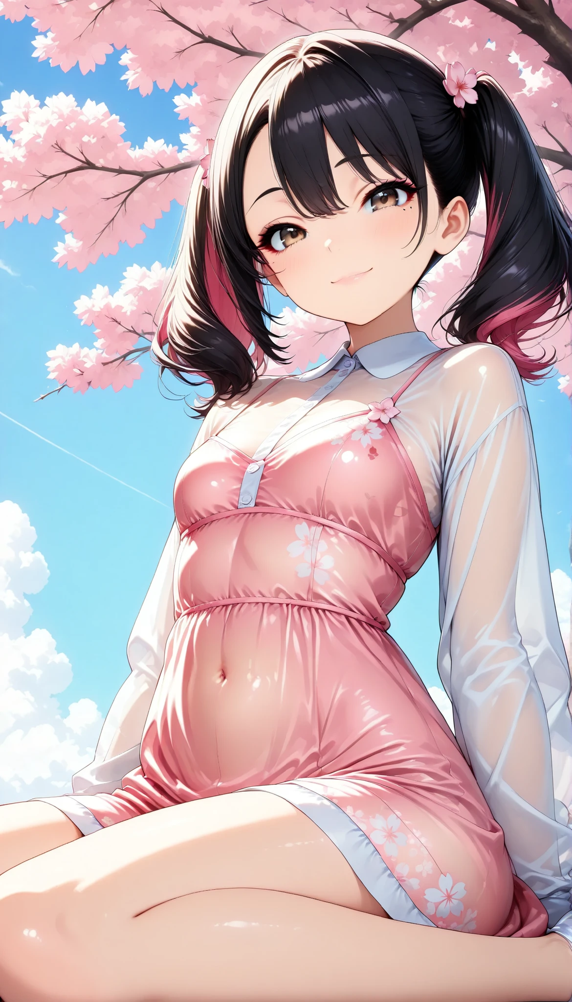 1 Beautiful Girl , Cherry Blossom Dresses, (Minami Yoshikawa, black hair with pink inner color hair, twin tails, asymmetrical hair, brown eyes, mole under the eye, slight build), (smile), beautiful eyes, glossy lips , very detailed顔, long eyelashes, ( wariza, recline), petite body, kawaii, (Cherry blossom texture, Cherry Blossom Dress, Spring outfit, Sakura Costume, Cherry blossom pattern, elegant, Cherry blossom motif dress, cherry sheer tunic, see-through), (blue sky background, Cloudless sky), under a cherry tree, spring cherry blossom viewing background, (best quality:1.2,very detailed,CG illustration,masterpiece:1.2,best aesthetics),