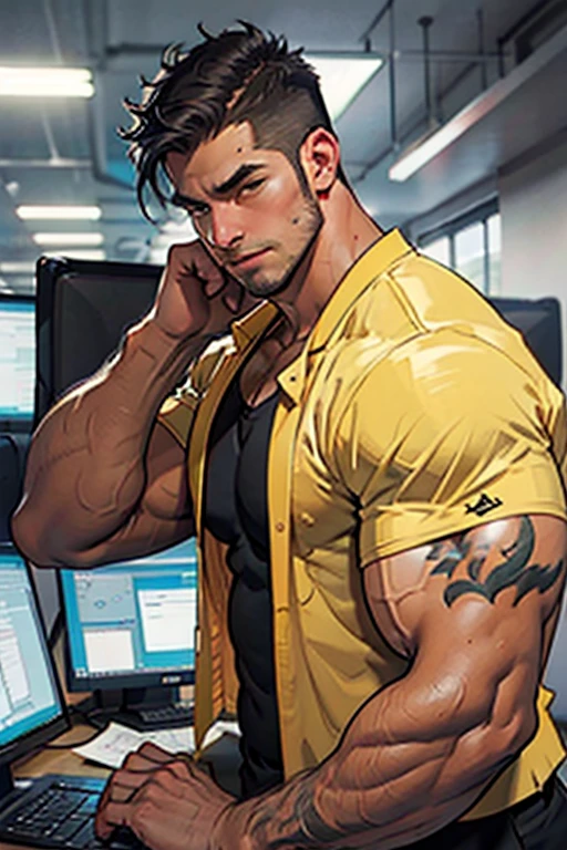 20 years old, big eyes, male, stubble, short hair, huge muscles, exaggerated muscles, mature man, muscle swelling, bodybuilding, pectorals, abs, sitting on blanket, gift streamers on the courier box, courier box, pure white transparent shirt, open shirt, wet, khaki white wide-brimmed sweatpants, high-top sneakers, natural light, wet body, wheat-colored skin, 1man, tattoo on forearm, large number of courier boxes on blankets, courier boxes stacked up, legs stretched forward, metal necklace