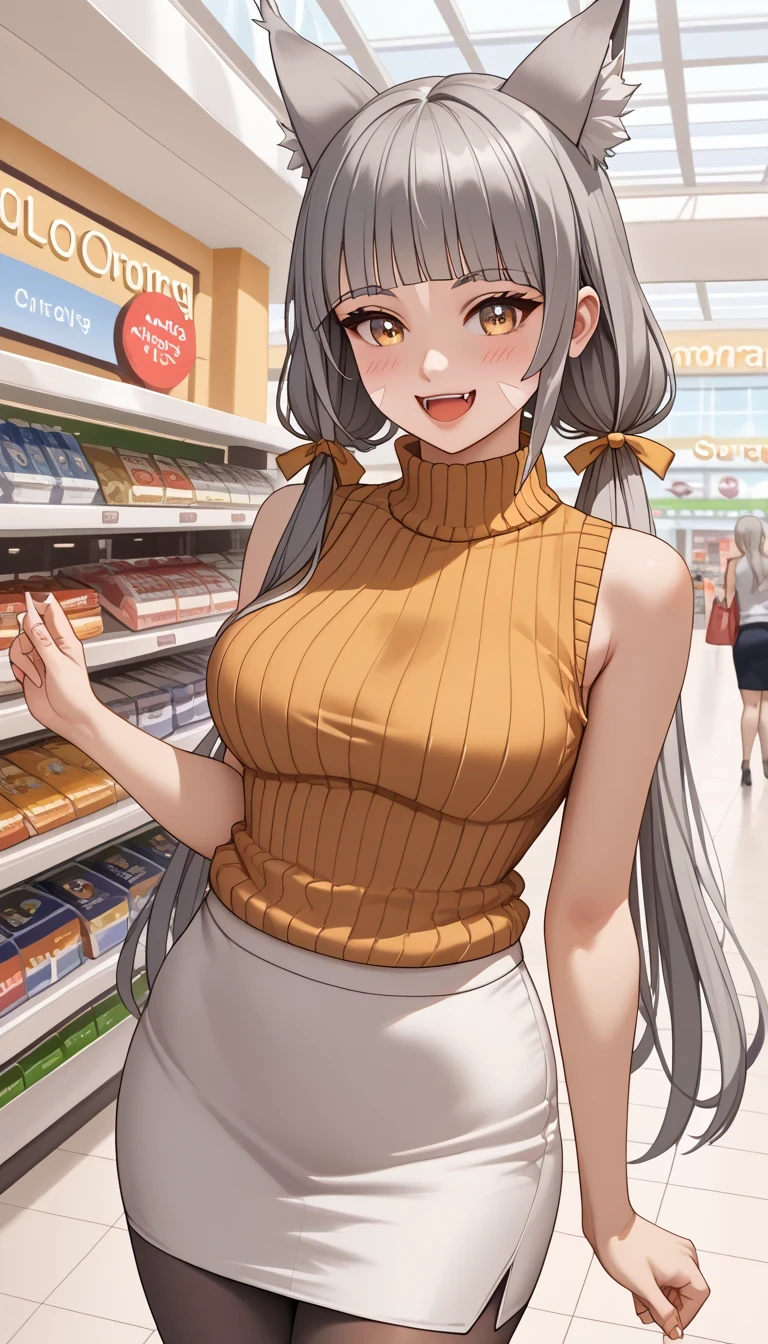 score_9, score_8_up, score_7_up, source_anime、top quality、8k、 masterpiece、Ultra High Precision、 natural light、perfect anatomy from a shellfish、 perfect eye、beautiful eyes、one woman、medium breasts、saggy breasts:1.6、Baby Face、blDnia , cat ears, grey hair, low twintails, very long hair, blunt bangs, facial mark, hair ribbon, cleavage, (sleeveless rib knit sweater、 high neck、tight pencil skirt、pantyhose)、(is embarrassing:1.3、happy)、((Shopping Mall))、 stand and pose