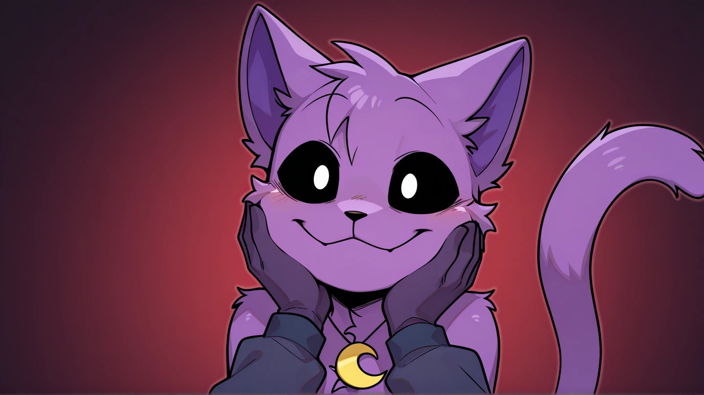 furry,purple cat,black eyes,crazy laugh,black mouth,moon necklace,plush toy,seams,red smoke,no humans,cartoonized,solo,full_body,night,horror \(theme\),smiling critters,by wkar,by darkgem,by sssonic2,by whisperingfornothing,by conditional_dnp,by zackary911,by ruvark,