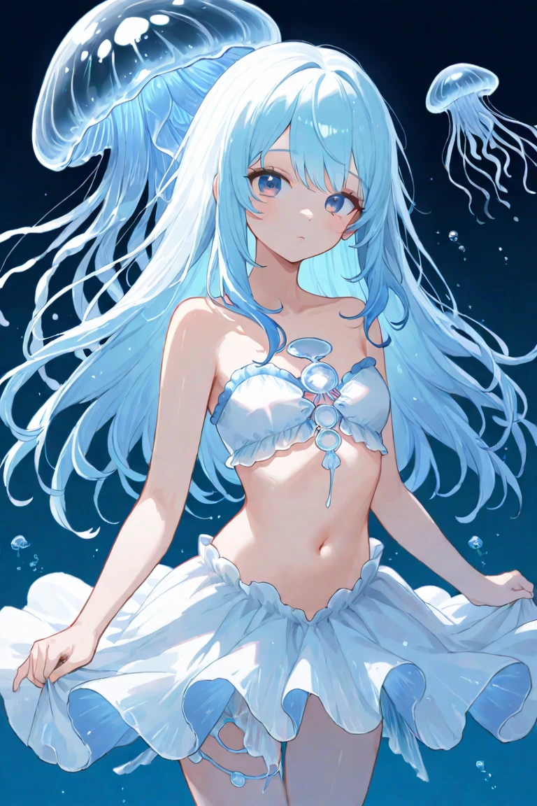 1girl, solo, dress, blue eyes, long hair, breasts, white dress, blue hair, bangs, parted lips, bubble, sleeveless, arm up, sleeveless dress, bow, blush, bare shoulders, medium breasts, underwater, looking up, bare arms, air bubble, hair between eyes, ribbon, hair ribbon, collarbone, white bow, backless outfit, backless dress, halter dress
