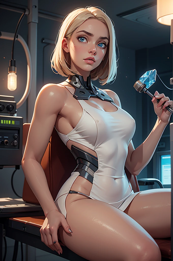 W3Ciri, ((short white hair, glowing green eyes, scar on face, makeup, narrow waist, skinny, medium breasts, Neon on the body)), pelvic curtain, ((white panties, white bra)), full body, perfect body, (insanely detailed, beautiful detailed face, masterpiece, best quality) , (((solo))), (((1girl))), (((mature))), (extremely detailed 8k paper CG wall unit: 1.1), (street, cyberpunk,Electronics, night), (smile face for the viewer),