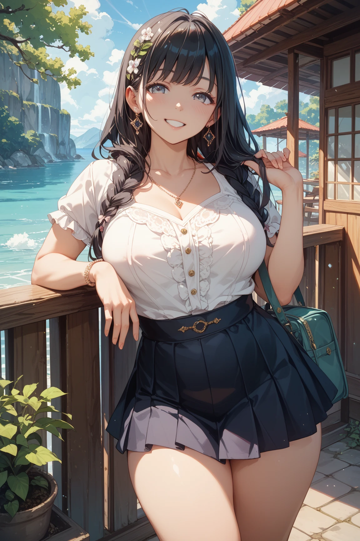 (big breasts, long hair)), (((anime girl))), daylight sunlight, full body, mole on chest, ((shorts)), (extremely detailed 8k cg wallpaper), (extremely delicate and beautiful), (Masterpiece artwork), (the best quality: 1.0), (ultra resolution: 1.0), beautiful lighting, realistic shadows, [high resolution], Detailed aspects, ultra detailed, underboob cleavage