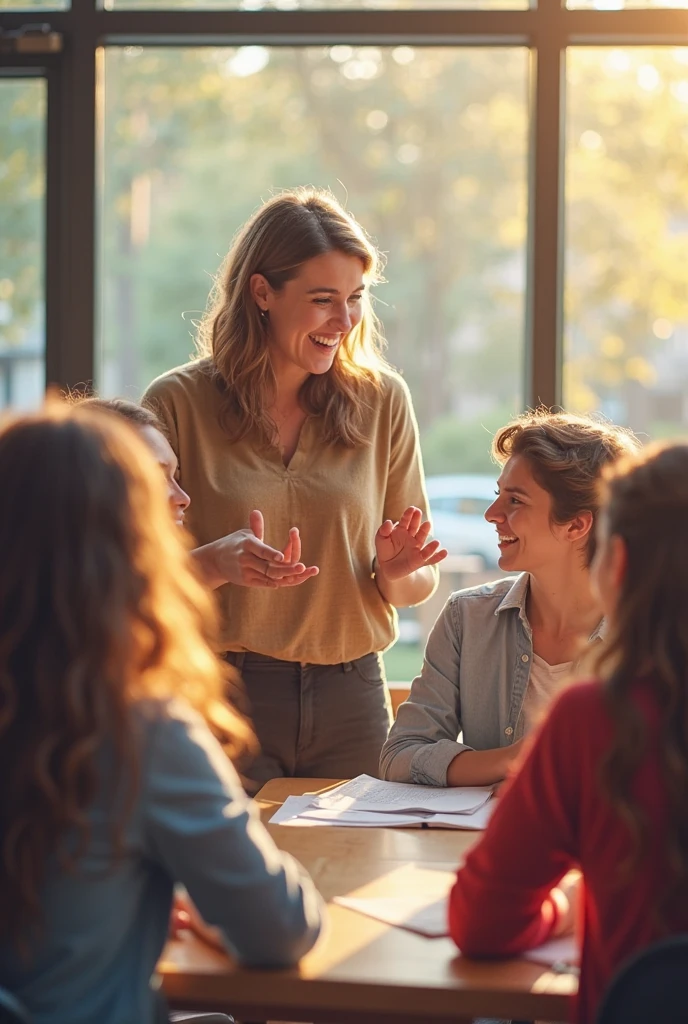 School parent-teacher meeting room, middle-aged female teacher smiling and addressing parents, acknowledging a girl's progress in independent thinking, proud mother sitting among parents, professional and supportive environment, positive outcome, realistic, neutral tones.
