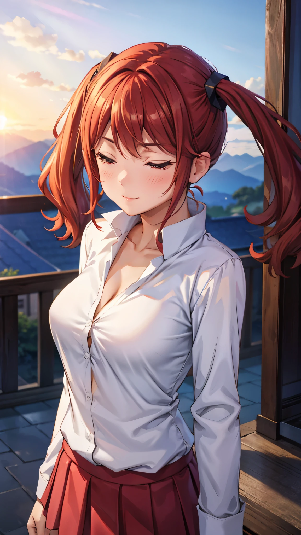 ((super high quality,Ultra-high resolution,16K,super masterpiece,Ultra HD ,Detailed shading,))A hilltop illuminated by the setting sun,One sexy mature woman,((popped Tight collar Pink shirts,sexly,))Folded long sleeves,Red pencil skirt,Looking at the camera,Brown medium long hair,A kind smile,blush,Thick lips,