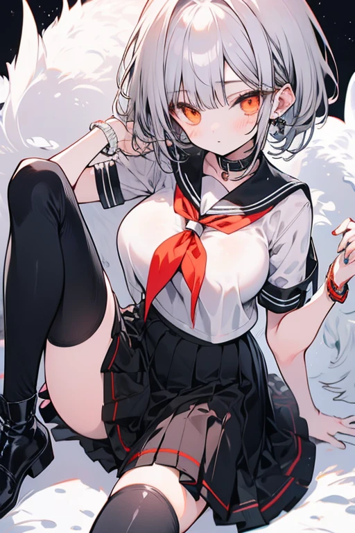 POV Fuselage Grab, ((SEX)), Lying, 1girl in, ((Looking away:1.6)), (Spread legs), 双臂在头后,(((penis:into pussy:blood stained))), ((wearing sailor suit:1.6))、((pov hand:Grabbing the waist)),(pnkserafuku),(torso grab),(waist grab),(silber hair:1.5),(White hair:1.5), (Bob Hair:1.5), (hair between eye), (Red Eyes), (large full breasts:1.3),(thighs thighs thighs thighs:1.1), Large breasts, (round breast),