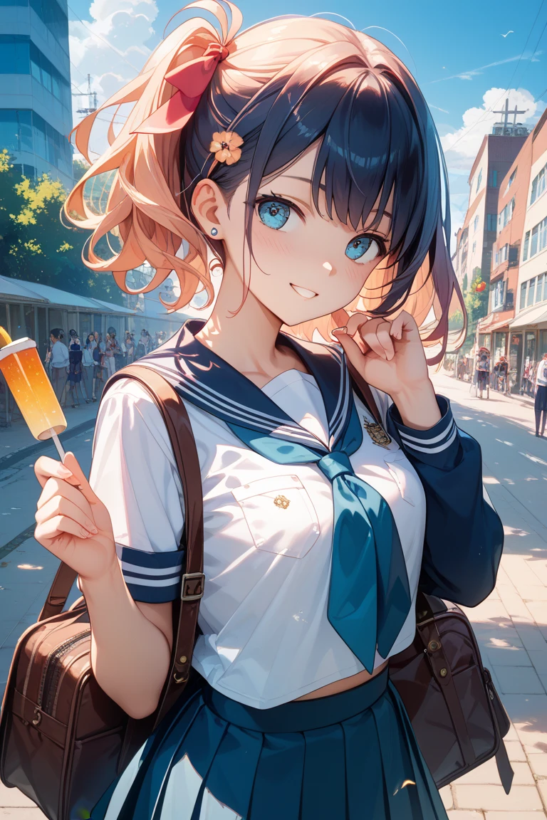 cinematic composition, cinematic light, anatomically correct, masterpiece, highest quality, 15 year old girl、blonde、school uniform、sneakers、((In town、walking、Eating popsicles、popsicles in mouth、blue sky, whole body, side shot)), (long tongue, wet hair, sunlight)