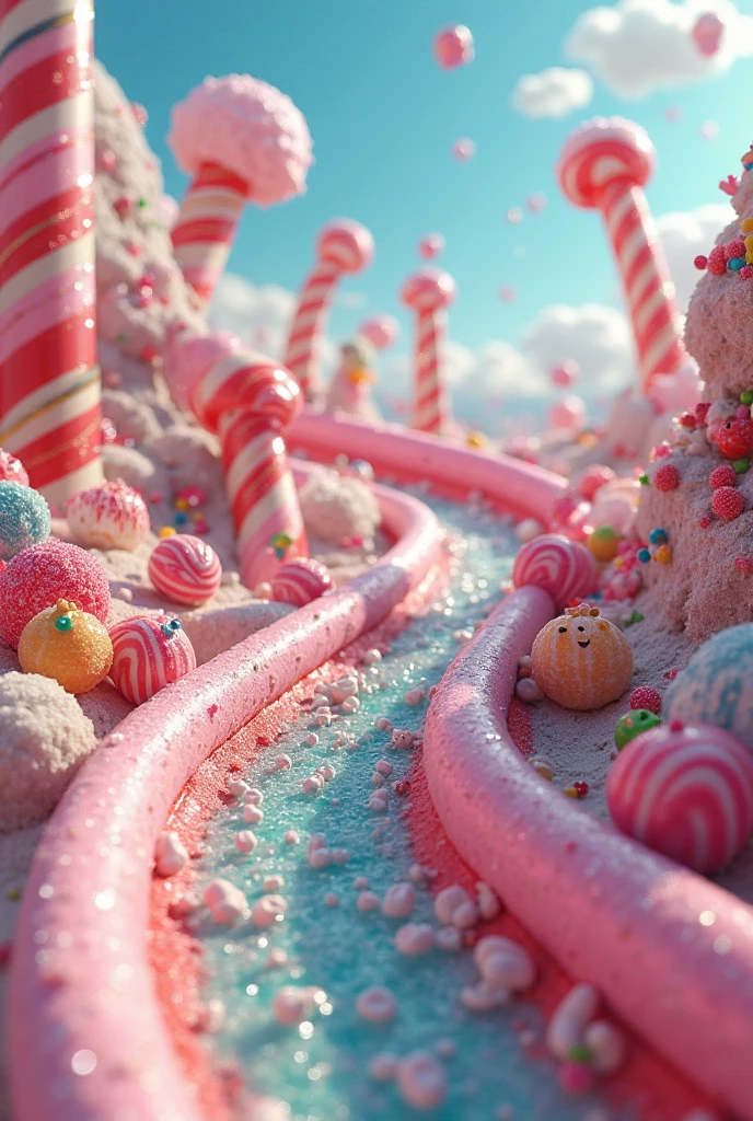 Amidst a whimsical landscape, a candy mountain delights the senses with vibrant ice cream flavors, candycanes, gumdrops, chocolate boulders, and chocolate rivers. The summit offers a breathtaking view of pastel lollipops and giant marshmallows. It's a place where dreams come true, reminding us that life can be filled with pure joy and delight.