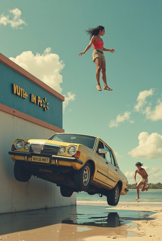 While Carla is on the ceiling, o motorista, distracted by the surprise, acaba perdendo o controle do carro.
O carro faz uma manobra brusca, e Carla, despreparada, loses balance.
Ela cai do teto,