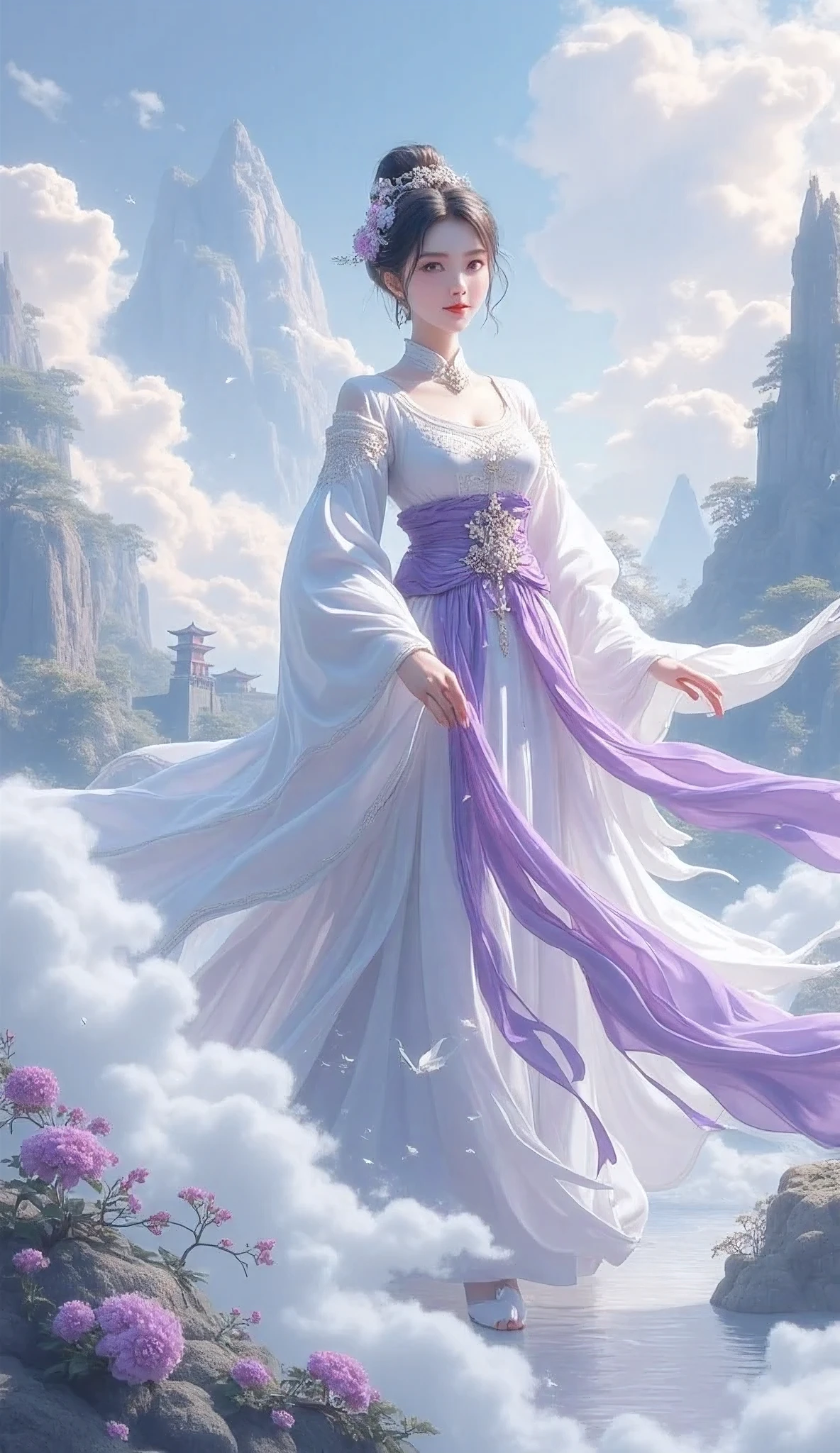 (masterpiece,Highest quality,,8k,High resolution),One female,,Compassionate Mother Kannon,Black Hair,,Wave,,Standing on the surface of the water,,flower,bird,,moon,,jewelry,Holding,Long sleeve,Veil,necklace,Lotus,Long Hair,dress,(whole body),Highly detailed CG,