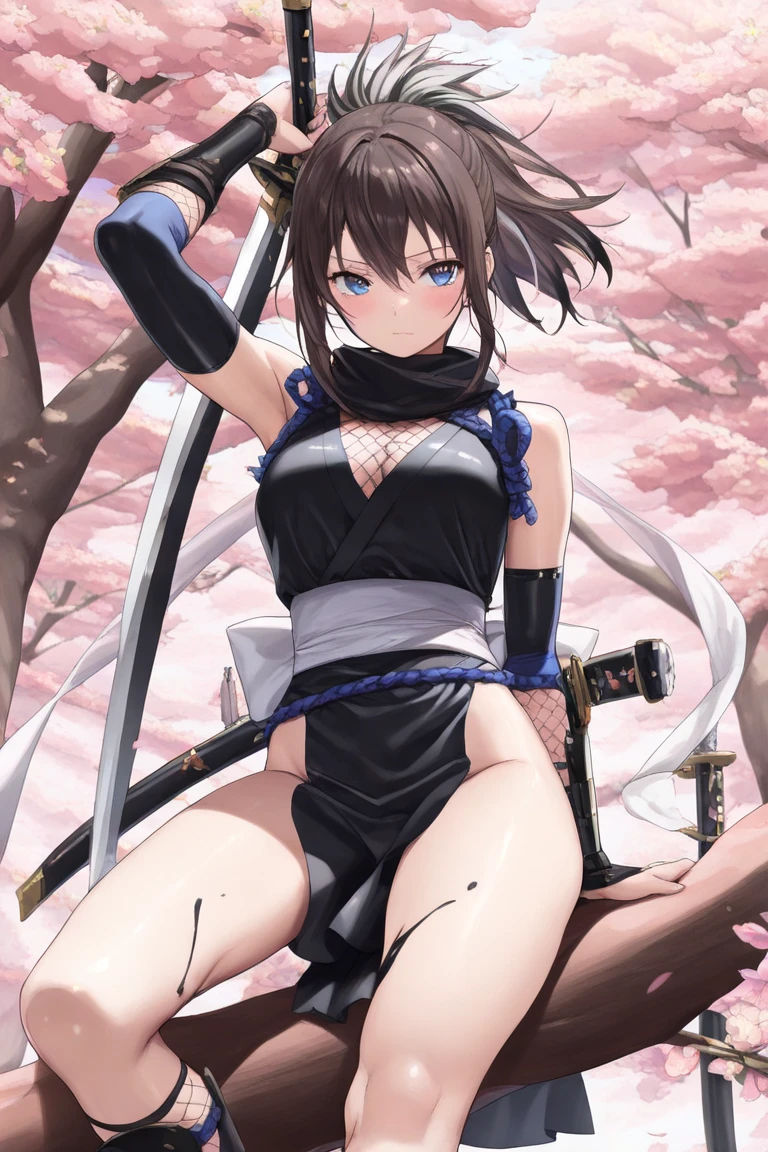 absurdres, RAW photo, extremely delicate and beautiful, masterpiece, Best Quality, ultra high resolution, 32k, hyperrealistic, ultra-detailed, in her 20s, delicate facial features, tearful mole, earring, medium breasts, full body shot, shorter middle hair, black hair, shuimobysim, Japanese kimono, ninja, samurai, sword with blue flames,