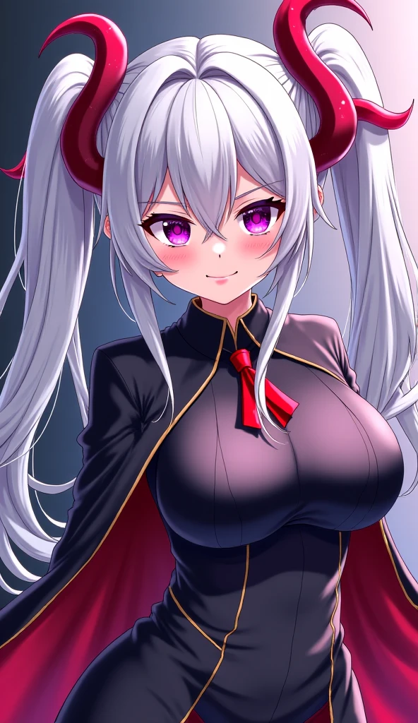 1girl, :d, bonnet, breasts, commentary_request, dress, fang, highres, large_breasts, long_hair, looking_at_viewer, open_mouth, overlord_(maruyama), purple_eyes, shalltear_bloodfallen, silver_hair, smile, solo, tousen