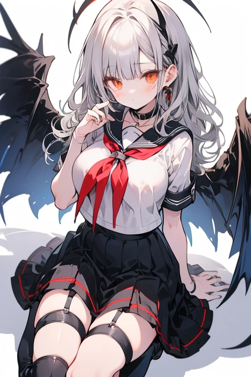 masterpiece, best quality, beautiful detailed sky, pleated skirt, beautiful detailed eyes, 1girl, wings, cloak, sleeves past fingers, black wings, demon wings, sailor shirt, wet shirt, skirt