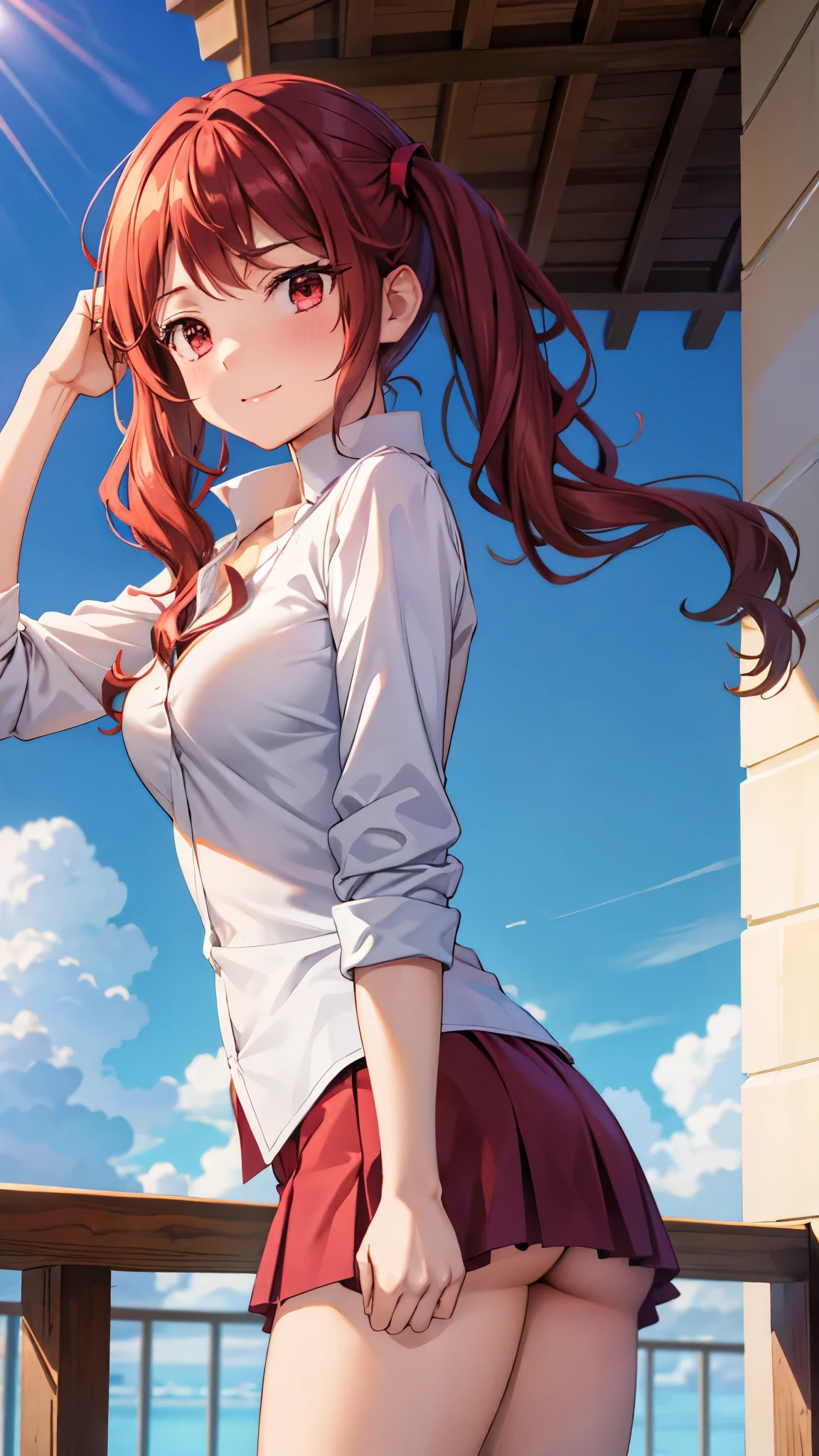 (super quality,super high resolution,16k,Super Masterpiece,Ultra HD ,detailed shading and background,)taken from below,Sexy high school girl,twin tails,white shirt with the sleeve turned back,The Valley of the Chest,red miniskirt,cover,smile,blue sky and sun visible background ,Leaning forward greatly,Place one hand on the side of the head, skirt lifts up a lot where you can see white panties,
