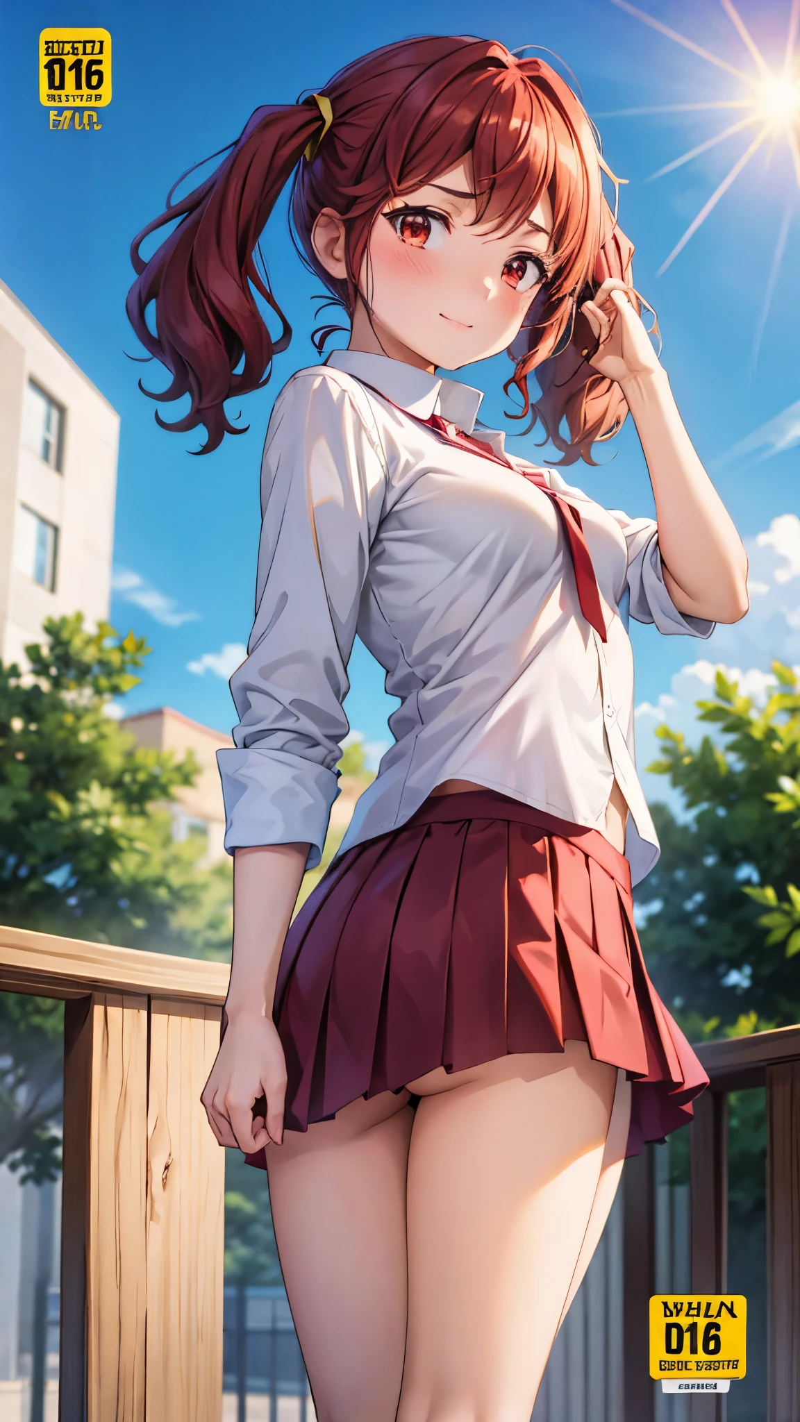 (super quality,super high resolution,16k,Super Masterpiece,Ultra HD ,detailed shading and background,)taken from below,Sexy high school girl,twin tails,white shirt with the sleeve turned back,The Valley of the Chest,red miniskirt,cover,smile,blue sky and sun visible background ,Leaning forward greatly,Place one hand on the side of the head, skirt lifts up a lot where you can see white panties,