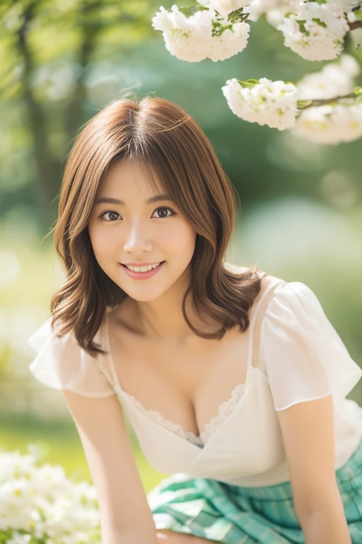 ((最high quality, 8K, masterpiece: 1.3)), (close:0.75), Realistic, Sharp focus, high quality, High resolution, Japanese middle-aged woman,Huge Busty 、29-year-old middle-aged woman、Chubby body type、Mature woma huge breasts (Wearing dress with a large opening at the chest)、 ((Very strong sunlight)), smile,Brown hair Sonyoung,かわいいsmile、Enjoying the cool evening in the shade of the forest、Cowboy Shot、In an image that emphasizes the chest area