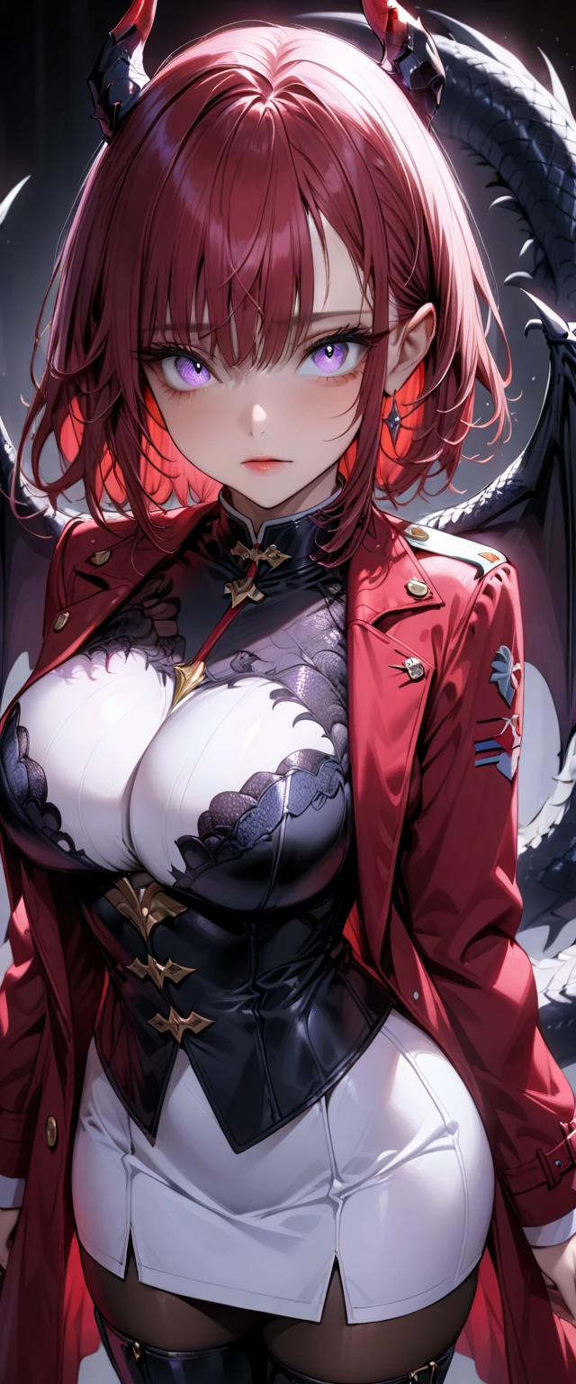 ((masterpiece, best quality)), 1girl, (mature female:1.4), 130mm f1.4 lens, 1girl, solo, pointy ears, heart-shaped pupils, microdress, from above, demon girl, flat chest, demon wings, saturated, colorful, multicolored hair, silver hair, bleu hair, multicolored eyes,SLE, mksks-style, Top quality, Masterpiece, Detailed background, Very detailed, Complex and detailed face, Long eyelashes, Detailed eyes, (Adult female, standing: 1.1), (High ponytail: 1.3), (Thighs thick: 1.0), (Big: 1.3), (White background: 1.3), (Solo: 1.3)