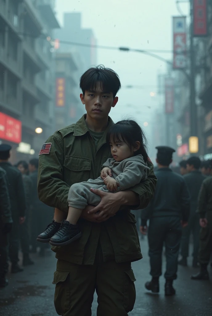 Generate a picture of a 26 years old handsome man having short white hair and he is hugging a 10 years old with short black hair. And behind them is apocalypse type of background. It should look real.
