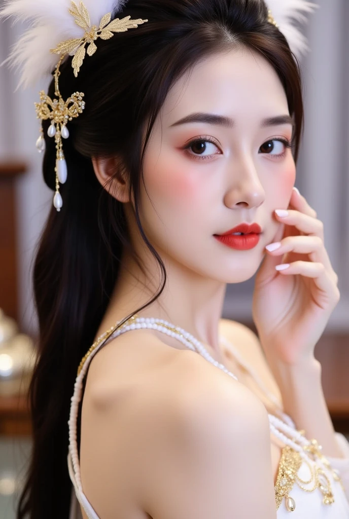 Masterpiece,(best qualtiy),highly  detailed,Ultra-detailed,Lady,Celebrity:Xiao Yu,(Hanfu:1.1),(Elegant temperament:1.2),(Bigboobs:1.3),(Semi-Dressed),(softlighting),(high high quality:1.4),(Detailed),(k hd),(Earrings),(Hairpin),(Exquisite),(Masterpiece)，16k