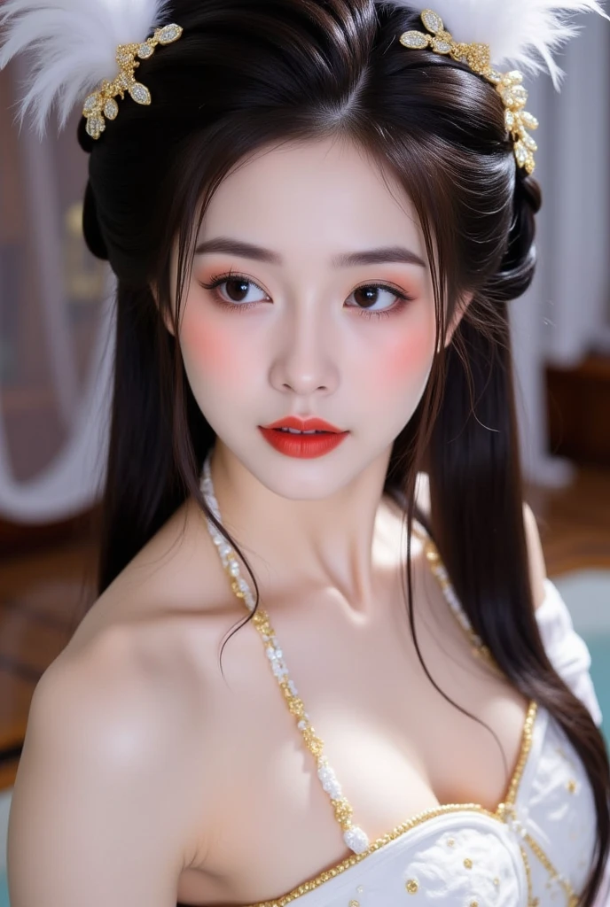 1 Very beautiful Queen Medusa in Hanfu, Thin red silk shirt,There are many yellow patterns, Black lace top, Long hair dyed black, beautiful hair ornaments, Extremely detailed and delicate jewelry, Gold jewelry, Red ruby set necklace, Beautiful face beautiful, Perfect face, Earring jewelry, Head and hair accessories, Antique jewelry, Big eyes, Sharp eye makeup, Delicate makeup for eyelashes, Thin eyebrows, High nose, Nice red lips, no smile, ((Closed mouth:0.9)), pursed lips, rosycheeks, Breast augmentation, Round lift breasts, Moderately large breasts, Well-proportioned breasts, Slim waist, Slim waist, Red mesh stockings with black lace, chinese hanfu style, Fictional art patterns, The colors are vivid and true to life, RAW photos, Realistic photos, ultra high quality 8k surreal photos, Cool photos, (Virtual light effects: 1.8), 10x pixel, Magic effects (Background): 1.8), opens his eyes wide, Super detailed eyes, Beautiful girl body portrait, Girl Alone, ancient hanfu background, head straight-looking at viewer, Wide original photo, 8K quality, Super sharp, Detailed and clear pictures are best, Detailed light background,