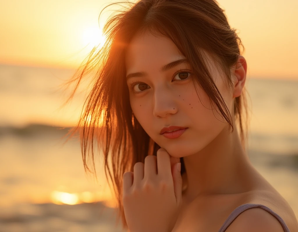 (Highest quality:1.4),(masterpiece:1.4),(Realistic:1.4),(Realistic:1.2),(超High resolution, RAW Photos:1.4),(High resolution, Very detailed:1.2),(8K:1.2),Movie Photos,a photo of a dark-haired,One Girl,alone,wear ,((one piece))、((Upper Body:1.3)),((Sunrise time/Sunrise time/Sunrise time:1.3))