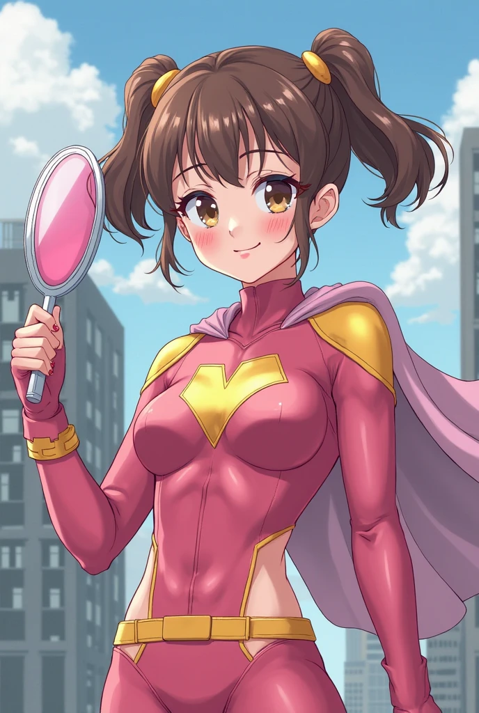 masterpiece, best quality, 1girl, female, curly brown hair, superhero, pink superhero costume, leotard, bare legs, boots, matching boots, medium breasts, light particles, wind particles, aura, stand, standing, highleg, twirl, spin, tornado, tornado twirl, tornado spin, whirlwind, wind particles, city backdrop, time travel, solo,