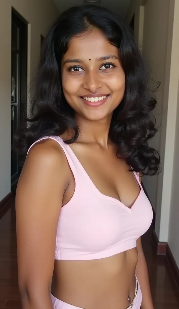 No make up closeup selfie bustshot of trisha,trisha krishnan, trks woman, hourglass figure, smile,  seductive look, daytime, tank top, sharp focus, octane, HD, 4K, high resolution selfie, bedroom, 30 year old ((long face)), ( big cheeks), (( beautiful eyes)), shaggy messy hair