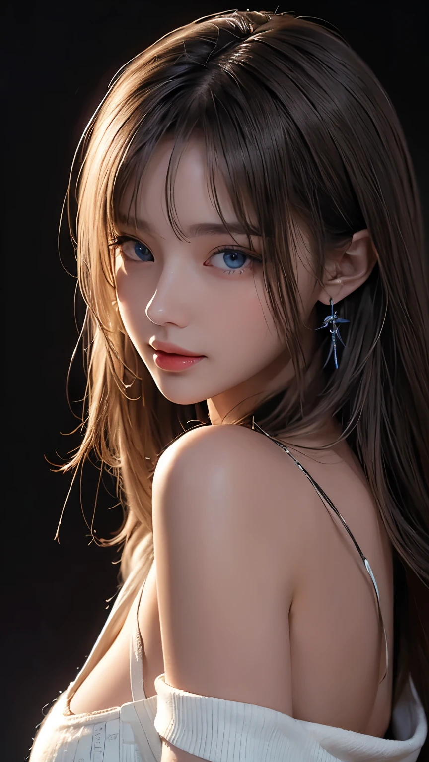 masterpiece, best quality, very well detailed, facing the front, 複雑に詳細なvery detailed, realistic, Sharp features, very well detailed, sharp concentration, completely complete, completely complete, Beautiful eyes with perfect symmetry, perfect full lips, Flexible female body, movies, film light, very detailed, hyper realistic, masterpiece, Vibe, high resolution, vibrant, dynamic studio lighting, ((dark background)), Expression when feeling joy, Straight Bangs, Underboob、blue eyes,white sweater, cowboy shooting, Big Breasts,