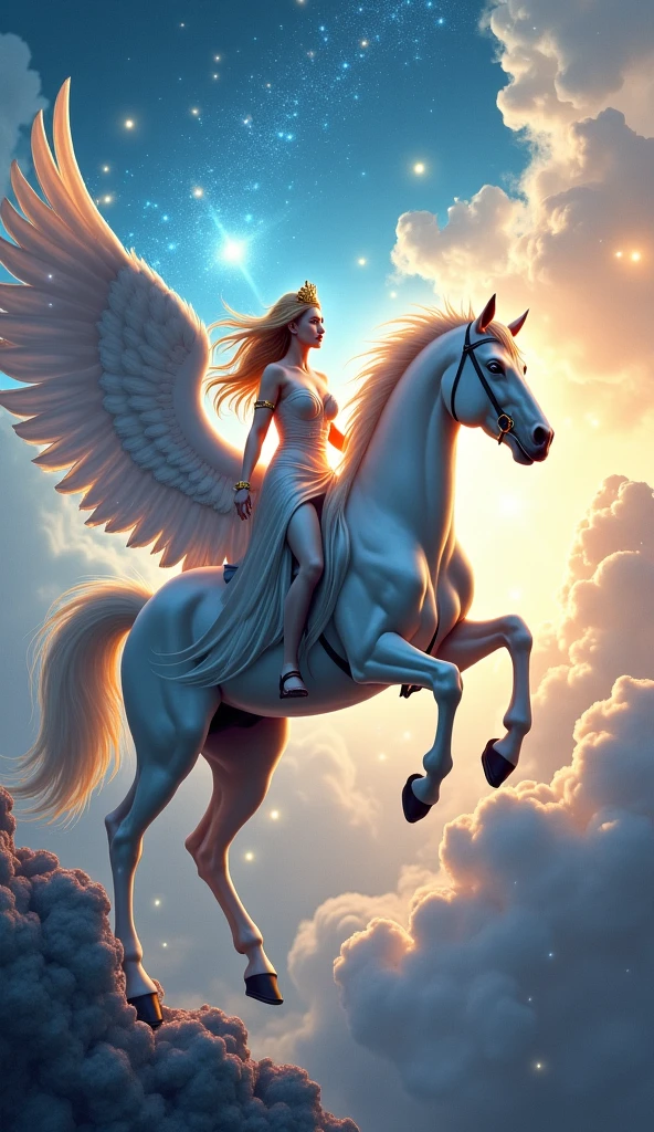 Aphrodite athene demeter mintando pegazos en cielo atardecer