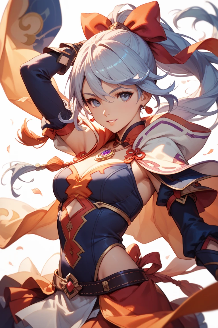 One with white hair and blue eyes with her hair tied with a red ribbon and a scratch on her cheek and giving a high kick 