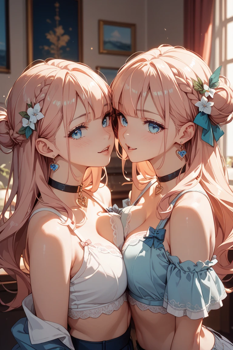 shoujo-style, (2girls:1.3), couple, blonde hair, pink hair, solo, long hair, light green eyes, mascara, makeup, kooking at viewer, collarbone, cleavage, forehead, very long hair, closed mouth, detailed eyes, (close up), gleaming skin, shiny glossy skin,