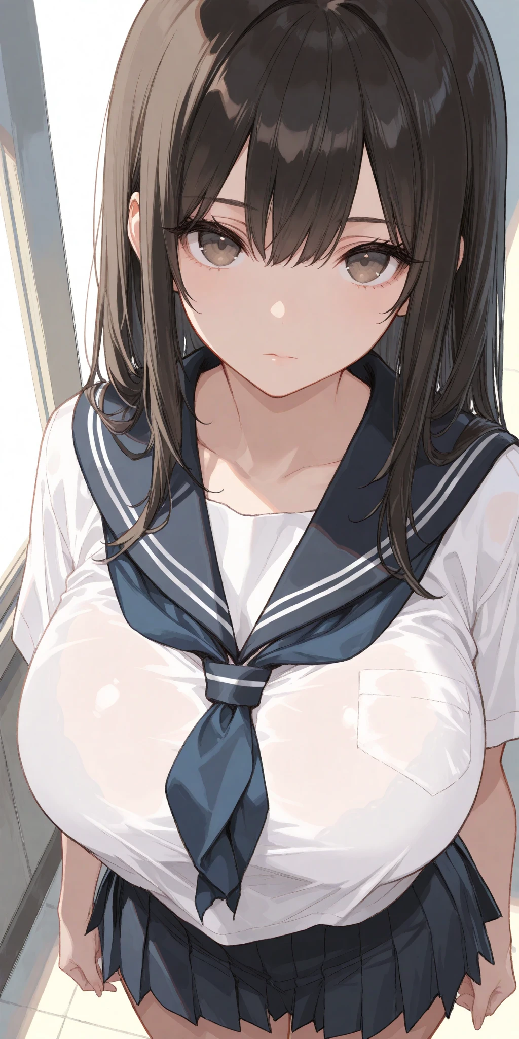 (8K, RAW photo, highest quality, masterpiece: 1.2),(long black hair,dull bangs), japanese woman,beautiful face,toothy smile,((short sleeve, Cute white sailor suit, dark blue pleated skirt, dark blue sailor color, Sailor Scarf, socks, brown loafers)),thin waist,Your belly button is slightly visible,(white lace lingerie:1.1),(huge breasts:1.5),(white sheer lace panties:1.1),(cum on chest:1.9),classroom,evening,Angle looking up from below