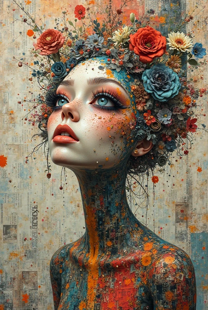 Expressionist artwork images of multiple floating ceramic heads, 3d collage style, make it weird and gallery worthy, ((transgender man)), portrait, absurdres,highres,ultra detailed,ultra-detailed background,detailed background,extremly detailed,1girl,bunch of flowers,(zentangle:1.2),(geometric:1.2) multi-colored color palette, monochromatic, big , cleavage, sideboob, lingerie, realistic depiction, arms behind back, kaleidoscopic, multidimensional, ethereal glow, captivating uniqueness, surreal juxtapositions, visual symphony, unforgettable visual narrative, edgy, mathematical, simple-shaped vectors, highly modern, stylistic, polygonal abstraction, vector art, bold lines, minimalist color scheme, digital art, abstract geometry
