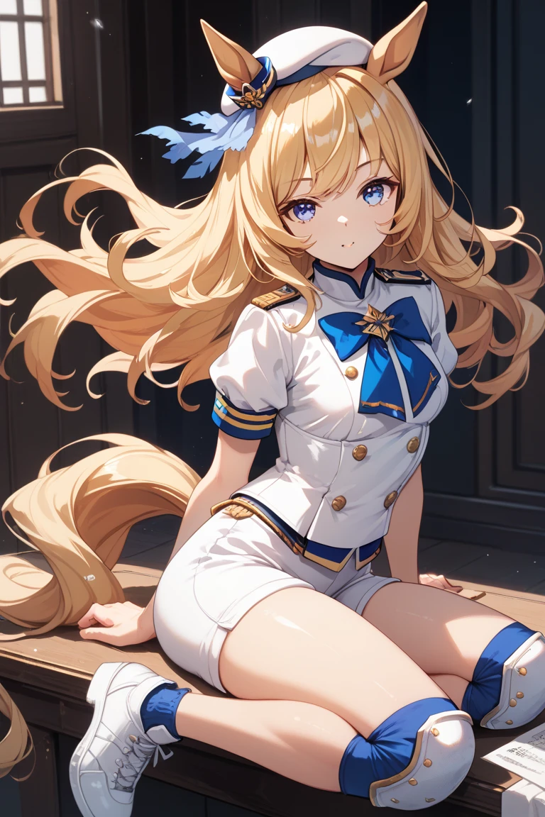 young girl, longue blonde hair, Two ponytails, blue eyes, White jacket, short sleeves, blue tight top, Blue skirt, pantyhouse, Smile, open mouth, Masterpiece, hiquality, 4k, HD, Good detail