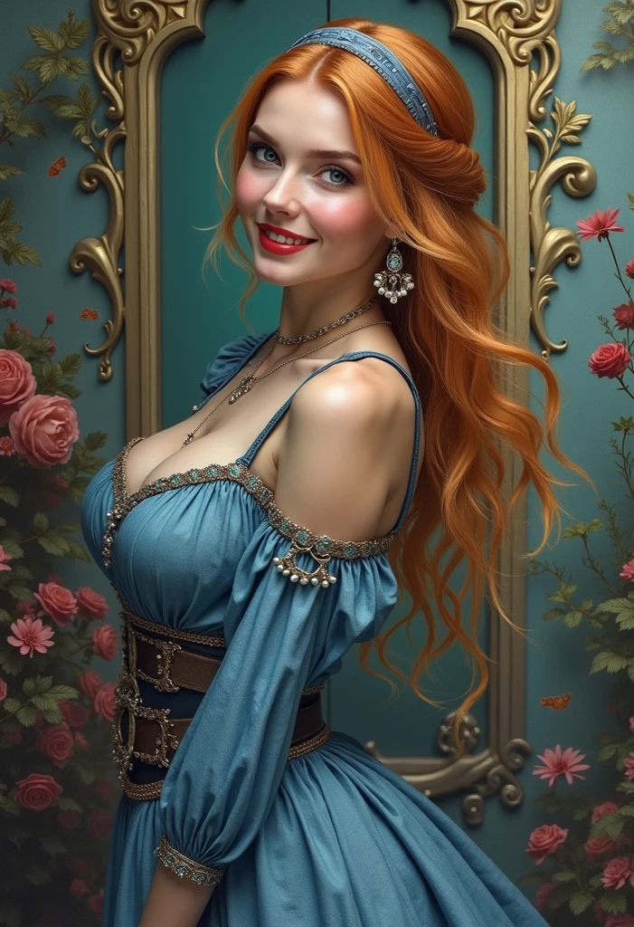 Best Quality, 4K, masterpiece, very sharp image,extremely beautiful woman,pinup,highly detailed beautiful face,big eyelahes,minimum waist,maxi slit dress,pantyhose,straight red hair,excellent sense,(((one person))),highly detailed body,florish garden in the background