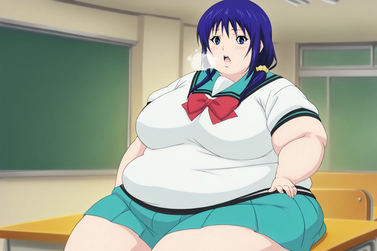 (masterpiece, best quality), 1girls, big belly, blurry background, huge belly, art by kipteitei, round belly, chubby, curvy, white button-up shirt, skirt, thighhighs, simple_background, gradient_background, belly bursting out of shirt, belly grab, enormous belly, fat belly, thicc, bigger belly, sitting on chair, really big belly, jiggly belly, shirt covering belly, belly cover by shirt