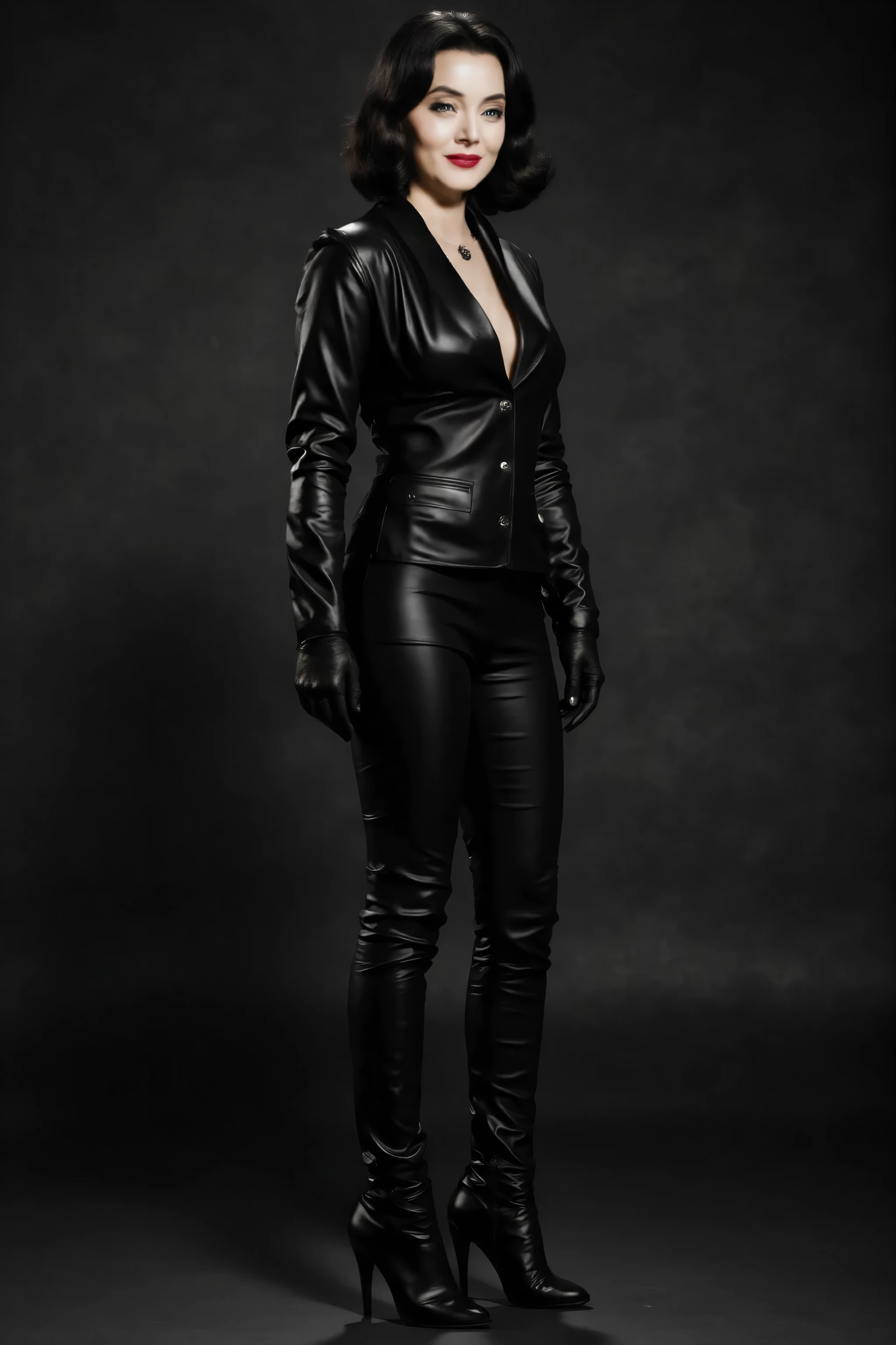 full body picture shot of villainess marsha queen of diamonds (batman villain); wholesome, looks like the girl next door, very fit, muscular, trim, wearing a black leather suit jacket (tight fitting), black leather pants, with black leather knee high boots, wearing long black leather opera gloves, gray black short hair, 8k, high definition, visible cleavage, smiling, happy, hyper realistic, HD. Photograph, ((realism)), extremely high quality RAW photograph, ultra detailed photograph, sharp focus, high resolution, (detailed skin:1,3),high quality, film grain, Fujifilm XT3,Highly Detailed, movie, (Cinematic Photo:1.3) of (Realistic:1.3)Epic realistic image depicting the beautiful age.