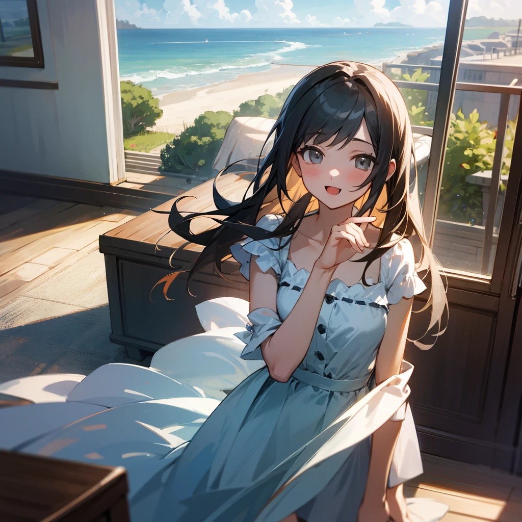 very cute and beautiful girl sitting near the window,(Floral blue summer dress with detailed ruffles),No sleeve,detailed lace,spread your legs,white panties, (very detailed美しい顔),Antique hotel bedroom with outside view,distant tree々and the sea, (smile),blush,twin blade,black hair, (highest quality,masterpiece:1.2),disorganized,High resolution,super detailed,very detailed,32K,8K resolution, intricate details,movie-like scene,detailed background,alone,dynamic angle, Natural light,particles of light,beautiful and detailed sky,