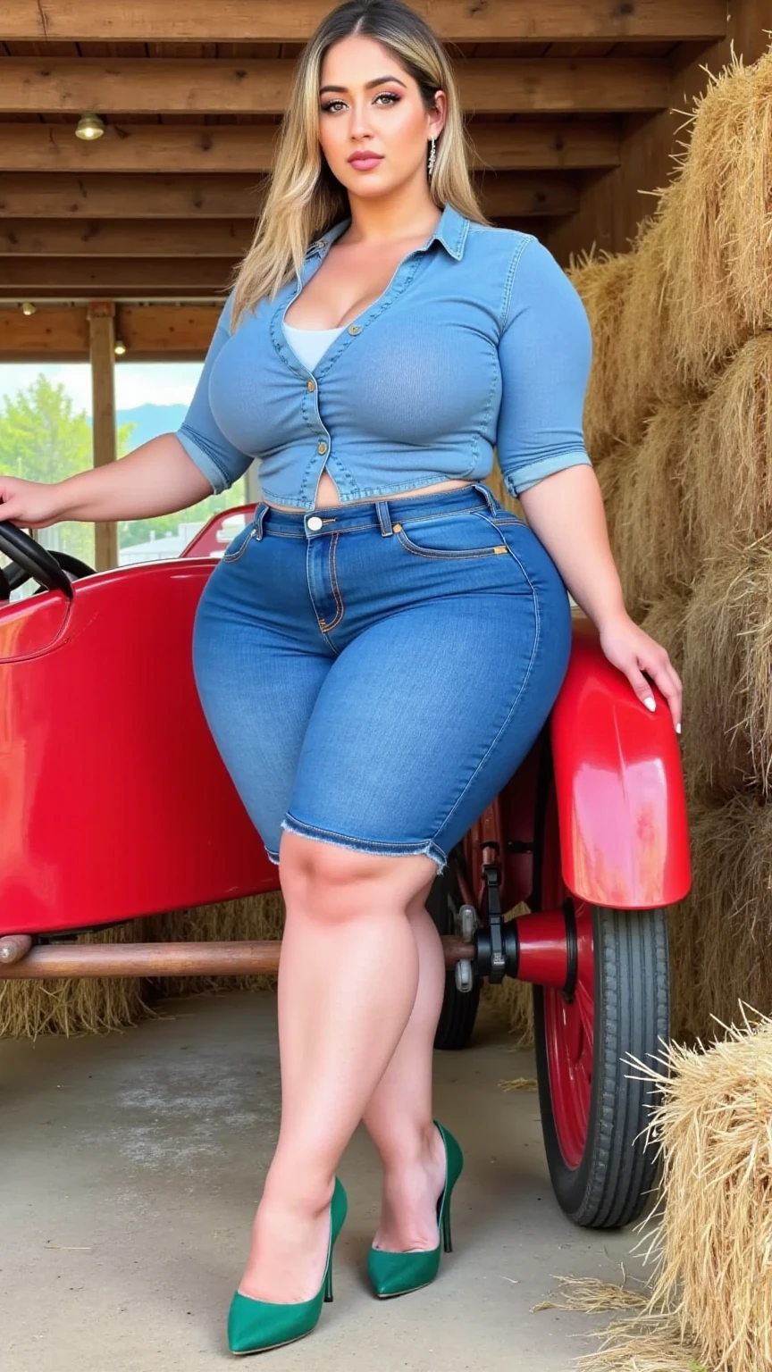 (masterpiece:1.0), (best_quality:1.2), (dark shot:1.3), Classic Rogue, 1991 Rogue X-Men, 1 girl, Only 1, ((full body view)), looking away from the viewer, cleavage, (overweight), ((light blue denim short romper)), zipper, belt, skintight, ((sleeveless)), shirtless, high heels, (short brown boots), (bare legedium length hair, brown hair, wavy hair, messy hair, green eyes, tough look, defiant smirk, bite lips, ((curvy figure)), wide hips, cameltoe, thick thighs, medium breasts, red lipstick, heavy makeup, light source from above, (realism: 1.5), (Realistic: 1.4), (Absurdity:1.4), 8k, ultra-detailed, Detailed Beautiful Woman, standing along a wooden fence in the woods, official art, extremely detailed CG unity 8k wallpaper, perfect lighting, Colorful, ultra high res, photography, 8K, HDR, Kodak portra 400, film grain, blurry background, (bokeh:1.2), (vibrant_color:1.2), film grain:1.2, (warm hue, warm tone:1.2), (color photo), professional photograph, empty hands, hands on hip, view from the side