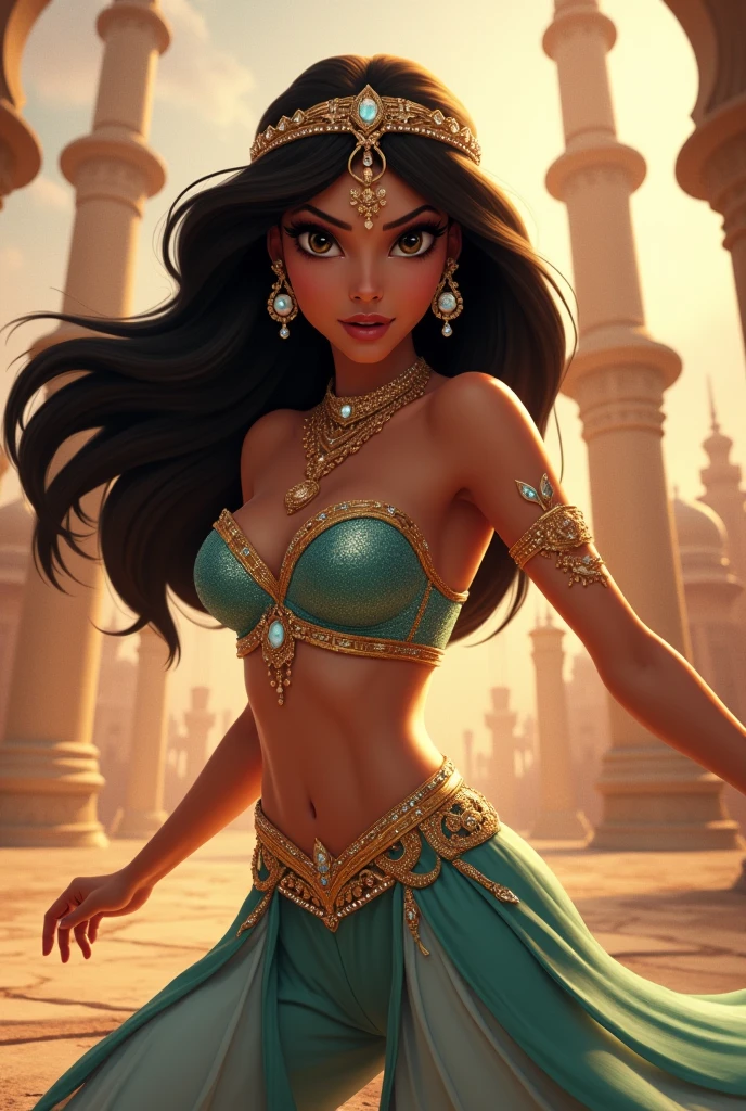 Stunning Princess Jasmine, photo in 8k, in action, cinematic.
